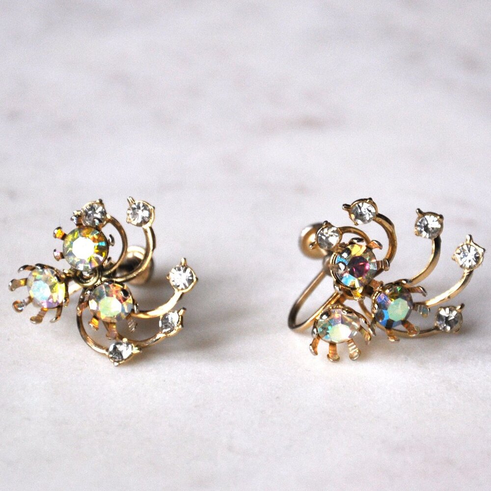Vtg Eisenberg Aurora Borealis Swarovski Starburst Screwback Earrings Gold Tone